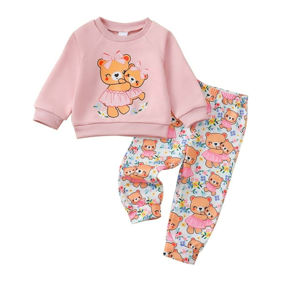 Kucnuzki 3T Toddler Girl Outfit Set 4T Kid Girl Winter Clothes Long Sleeves Pullover Sweatshirt Top Bear Print Pants Sets 2pcs Clothing Pink
