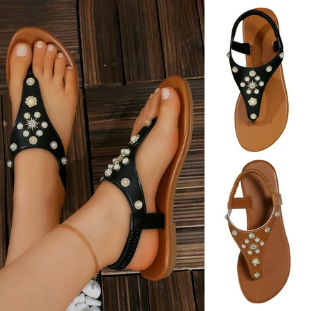 

Glamorous Outdoors T-strap Flat Sandals For Women Rhinestone Decor Plain PVC Toe Post Thong Sandals Black qILAKOG Size 7