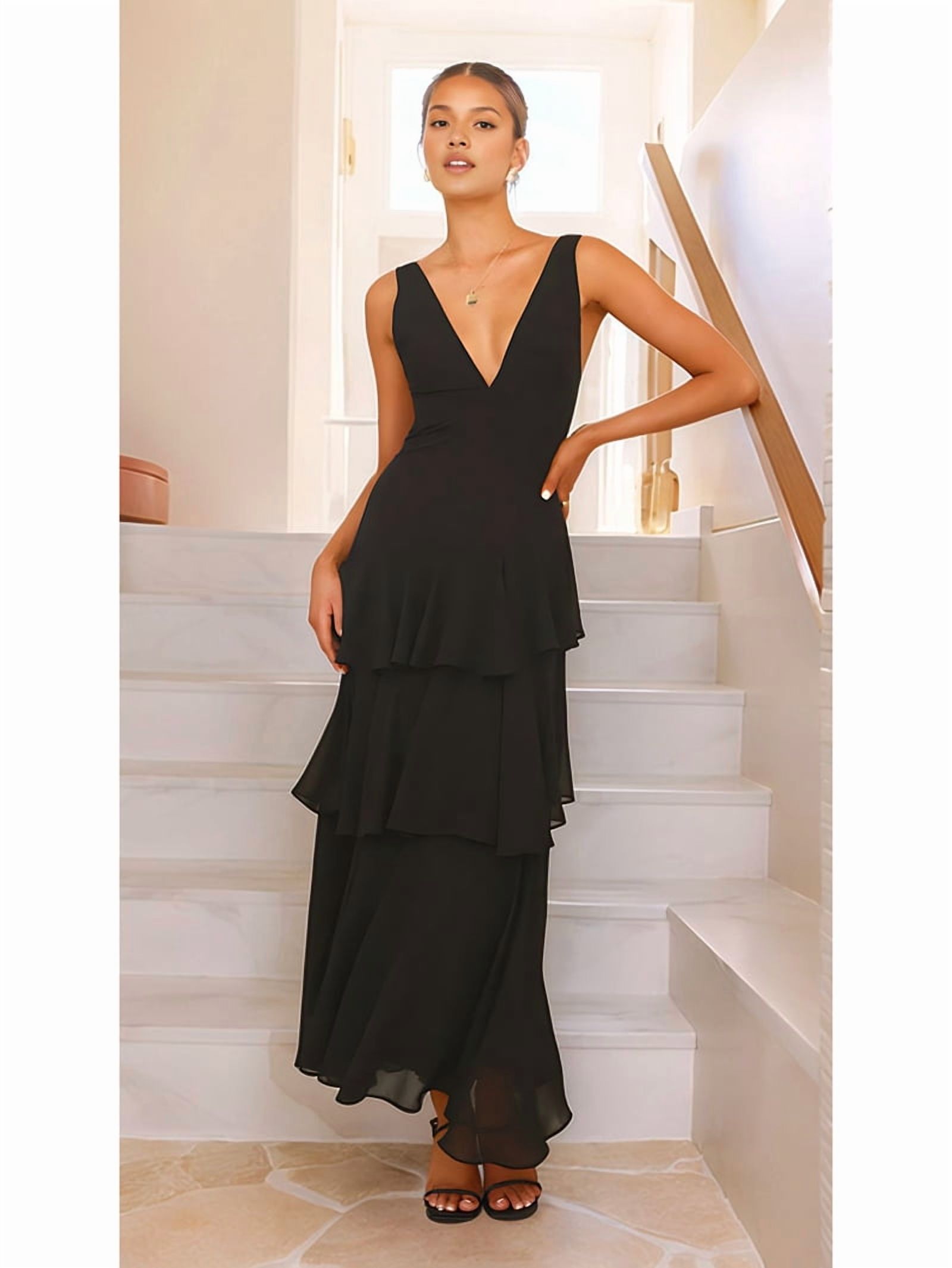 Tiered Chiffon Bridesmaid Dresses for Women Ruffle Formal Evening Dresses Long with Pleated Black L