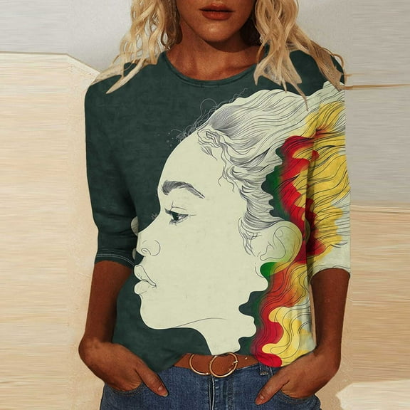 LYEAA Women Black Culture Graphic Tee 3/4 Sleeve Round Neck Shirt Soft Cotton Loose Fit Tops African Heritage Inspired Casual Wear Multicolor M