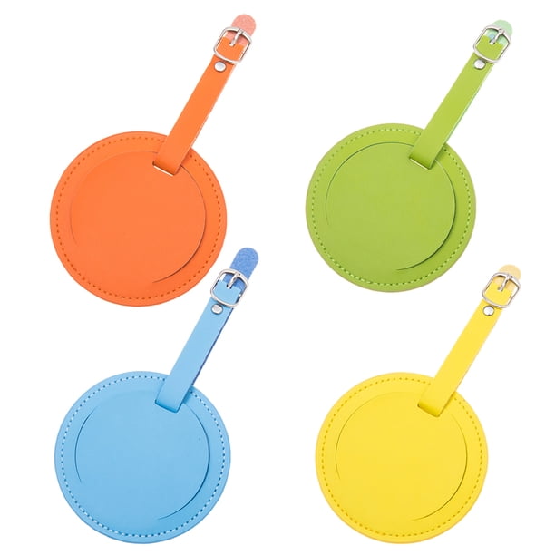 4 piezas Etiquetas de equipaje de cuero redondas Etiqueta de equipaje de moda multicolor Tarjeta de nombre de bolso para mochila Maleta de viaje (Estilo amarillo, azul, verde, naranja)