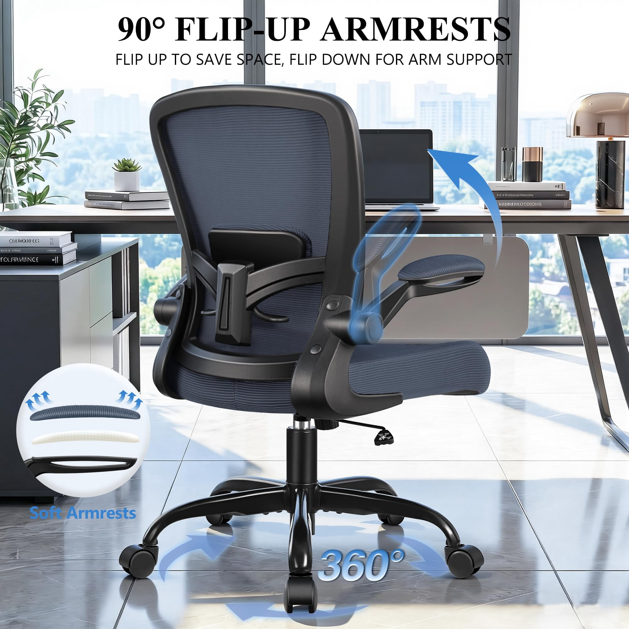 Office Chair, Ergonomic Desk Chair Breathable Mesh Chairs Adjustable High Back Lumbar Support Flip-up Armrests, Executive Rolling Swivel Comfy Computer Chairs Home Office Black