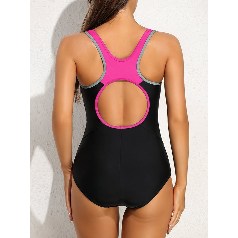 Women's Athletic One Piece Swimsuit Color Block Bathing Suit Racerback  Training Swimwear 