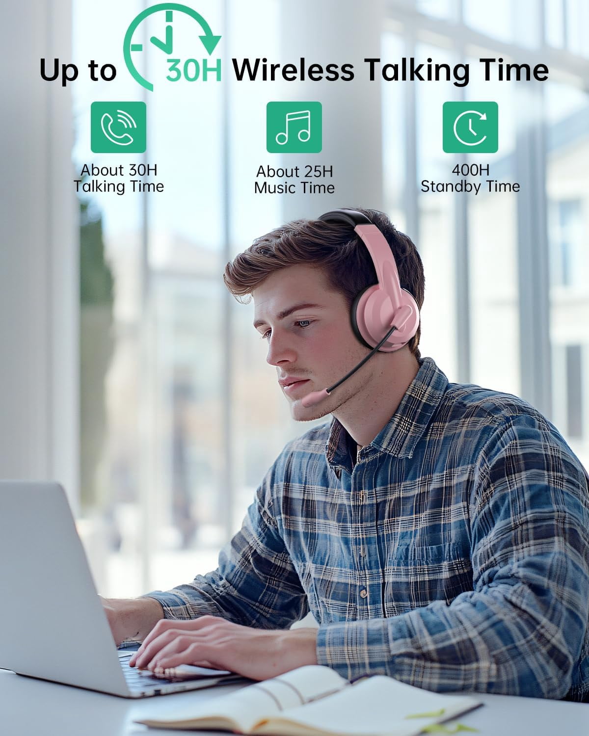Froura 2.4GHz Wireless Headset with Microphone for Work with AI Noise Cancelling & Mic Mute, Bluetooth V5.3 Headphones with Microphone for Computer, Mac, Laptop, Phone, Zoom, Call Center - Pink