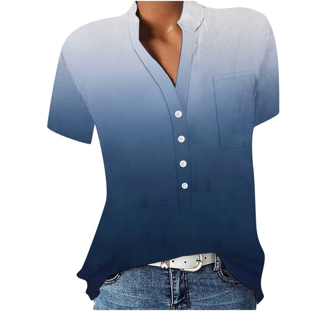 Tops de impresión de botones de bolsillo de manga corta de ocio con cuello en V de verano para mujer OAVQHLG3B Store lin121212