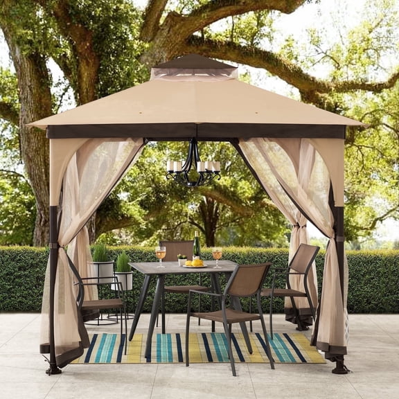 Sunjoy 9 ft. x 9 ft. Beige and Brown Steel Soft Top Gazebos Mosquito Nettings and Privacy Screens, Double Roof Outdoor Screened Gazebos Shelter, Gazebo Canopies for Backyard