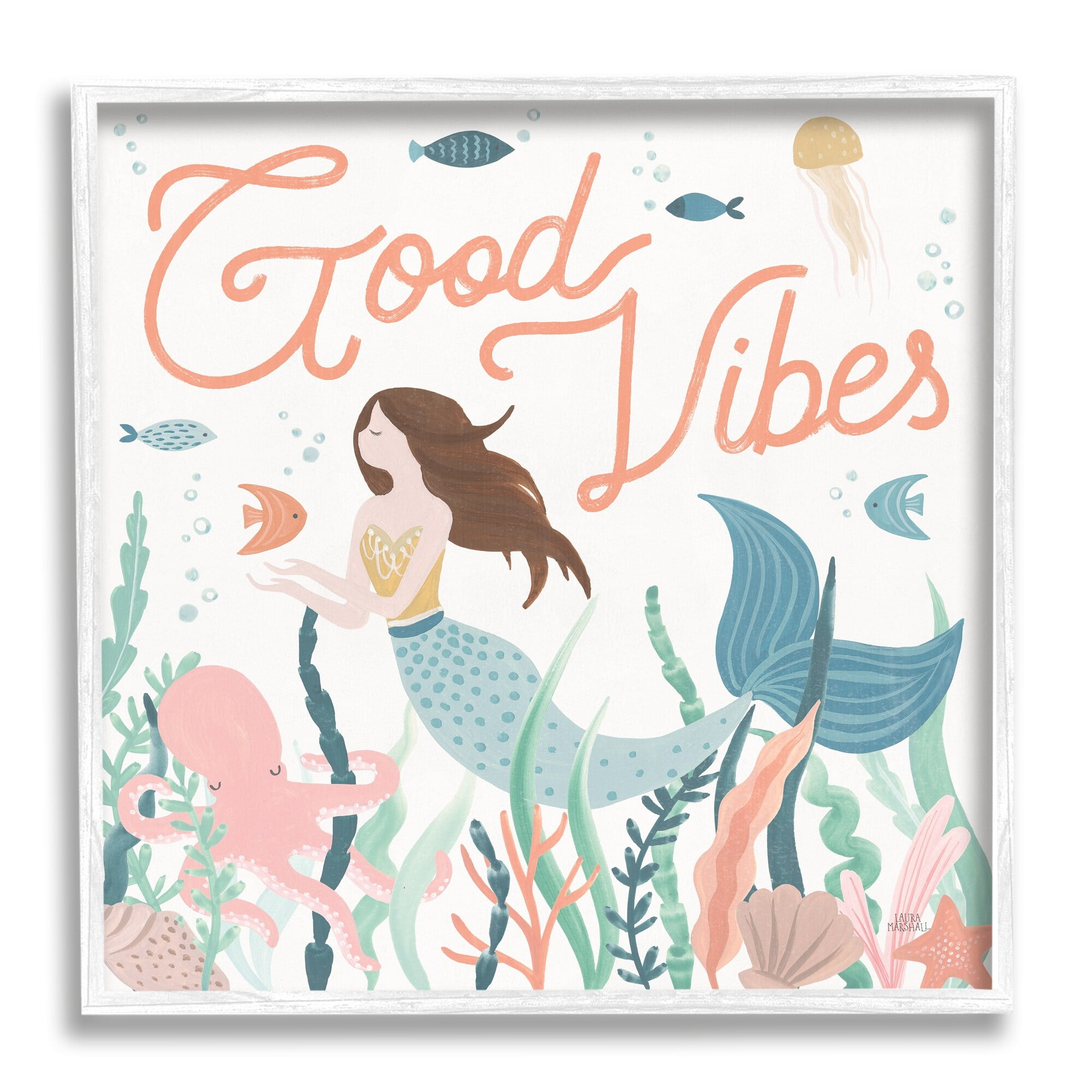 Stupell Industries Good Vibes Phrase Children's Mermaid Under Water Fish Graphic Art White Framed Art Print Wall Art, 12x12, by Laura Marshall