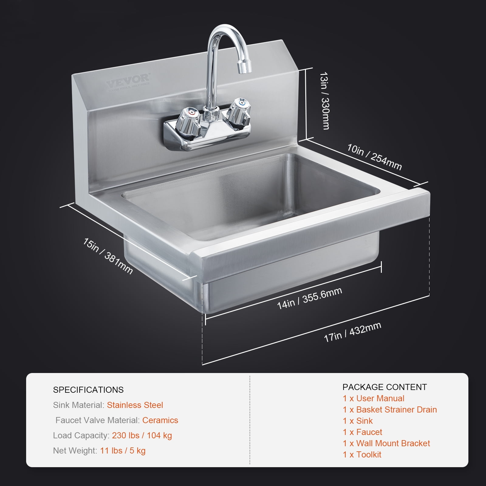 VEVOR 17"x12.8" Commercial Stainless Steel Hand Washing Sink with Faucet,Wall Mount Hand Basin, Utility Sink for Restaurant, Kitchen, Bar, Garage and Home