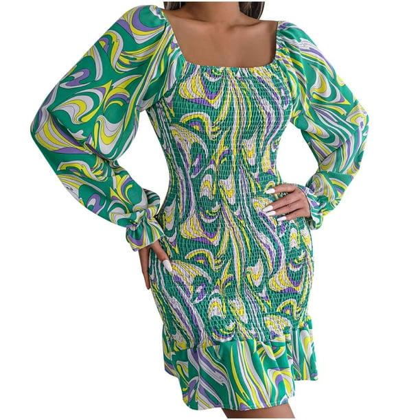 Moda mujer Casual cuello cuadrado impreso manga larga camiseta otoño blusa cadera paquete vestido pulóver Tops Pompotops hdfakjf9756