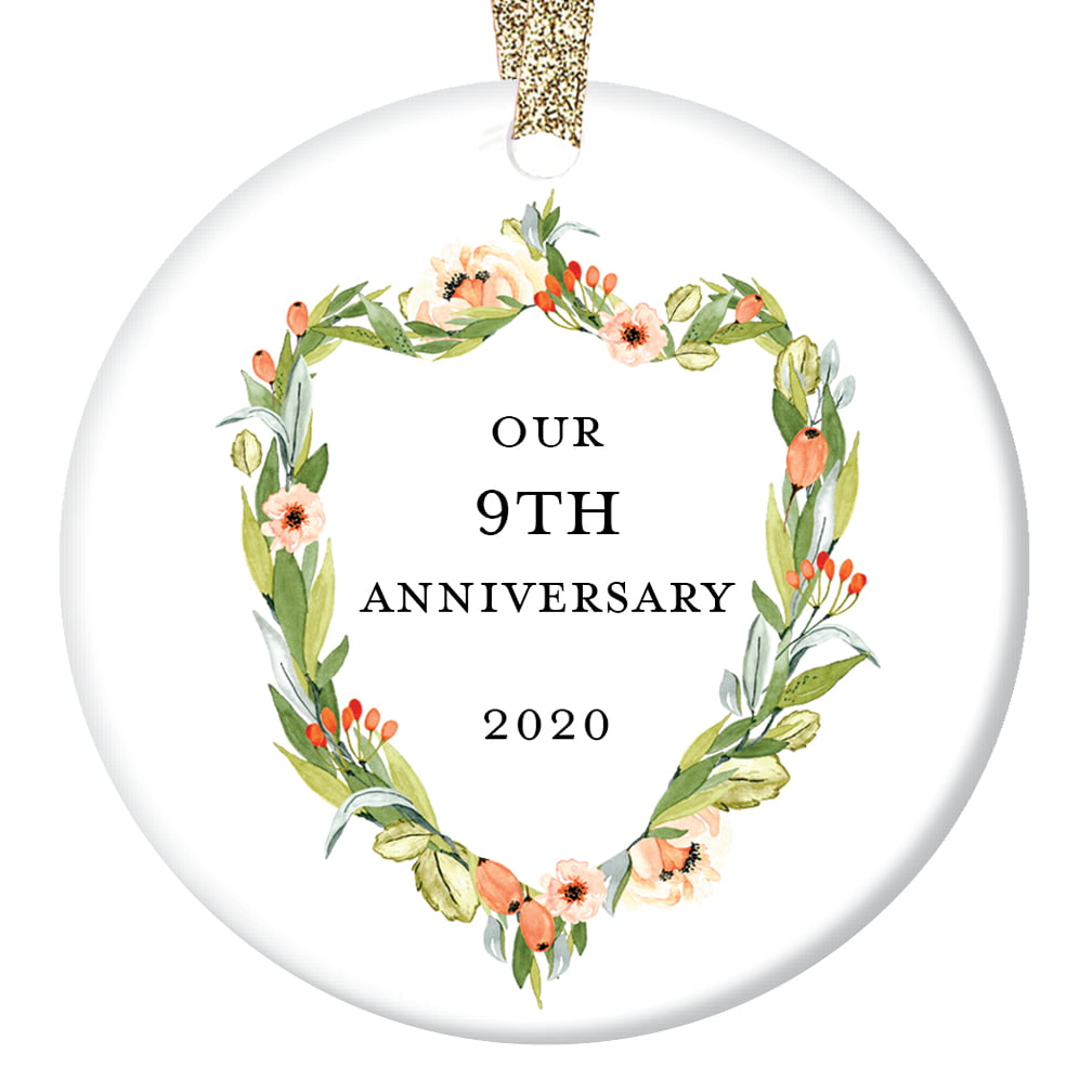 Anniversary Christmas Ornament for Married Couple with Names Date Personalized Anniversary Gift for Her 3 Flat Circle Porcelain Ornament Gold & Silver Ribbon PGM-OR-92 1st 5th 10th Any Date