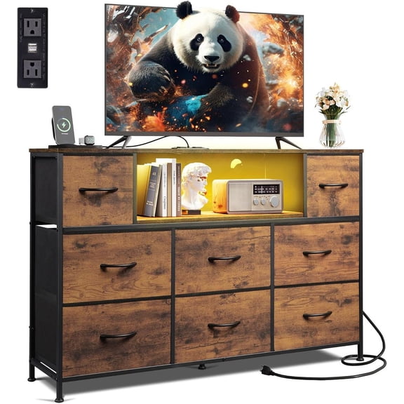 Dresser TV Stand for 45/50/55 Inch TV Entertainment Center with LED Lights & Charging Station 8 Fabric Drawers & Open Shelves for Living Room Hallway Wood Top