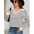 thumbnail image 5 of Womens Sweaters 2025 V Neck Long Sleeve Striped Tops Fall Winter Comfy Knit Clothes Pullover Sweater White & Black L, 5 of 7