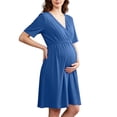 thumbnail image 2 of Women Maternity Solid Dress Summer Short Sleeve V-Neck Pleated Waist Dress Casual Breathable Pregnancy Clothes Blue S, 2 of 6