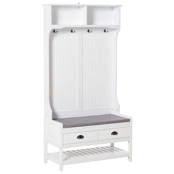HOMCOM Hall Tree, Coat Stand, Shoe Storage Bench Organizer with Coat Hanger, Drawers Padded Seat Cushion for Entryway Hallway Foyer Bedroom Living Room White