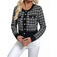 thumbnail image 3 of Womens - Plaid Blazer Dressy Casual Button Front Cardigan Crew Neck Long Sleeve Texture Knit Jackets Black S, 3 of 9