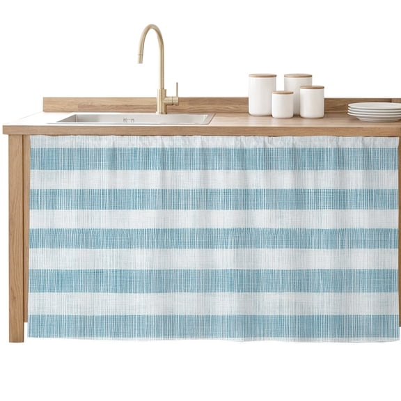 Blue Striped Cabinet Curtains 32"W x 55"L, Dustproof Sink Skirt Curtain for Kitchen Bathroom, Rustic Farmhouse Stripes Adhesive Desk Skirt Door Cover Curtains for Pantry Classroom Office Closet