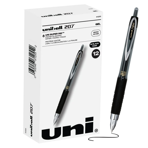 Uni-Ball® 207™ Retractable Fraud Prevention Gel Pens, Micro Point, 0.5 mm, Black Barrels, Black Ink, Pack Of 12