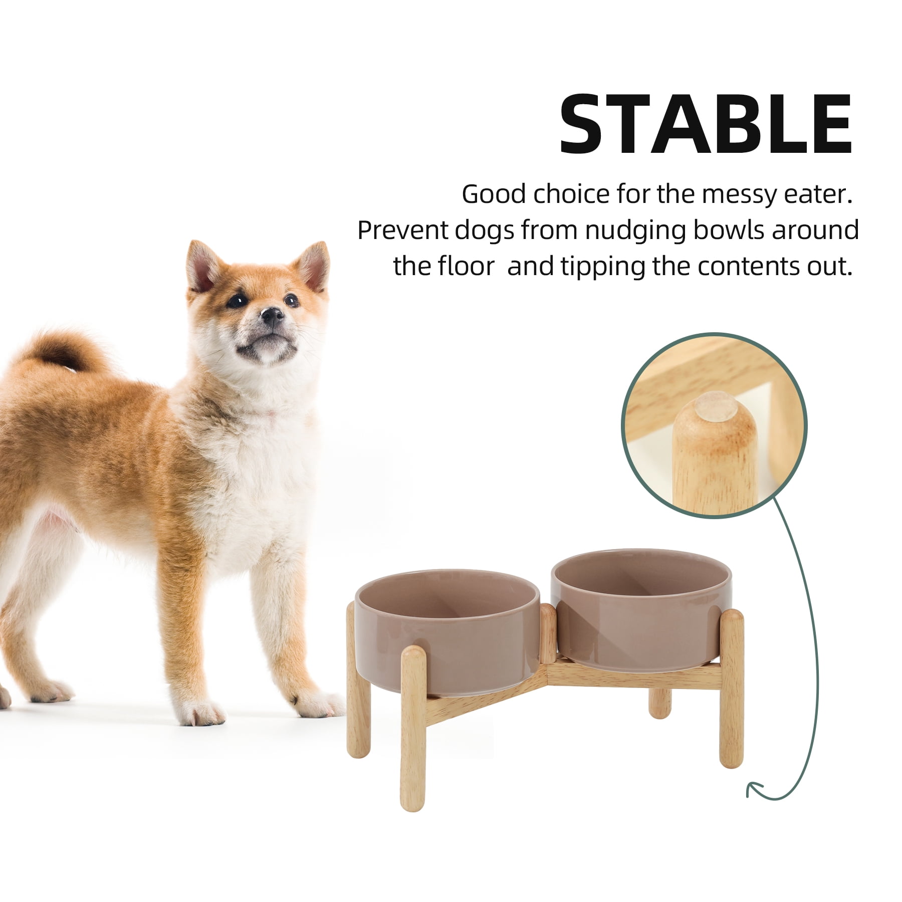 LarqeeWare Ceramic 6.1inch Raised Dog Bowl with Stand for Small and Medium Breed Dog Dish Pet Food and Water Bowl (Double Bowl with Stand - Brown Coffee, 28oz)