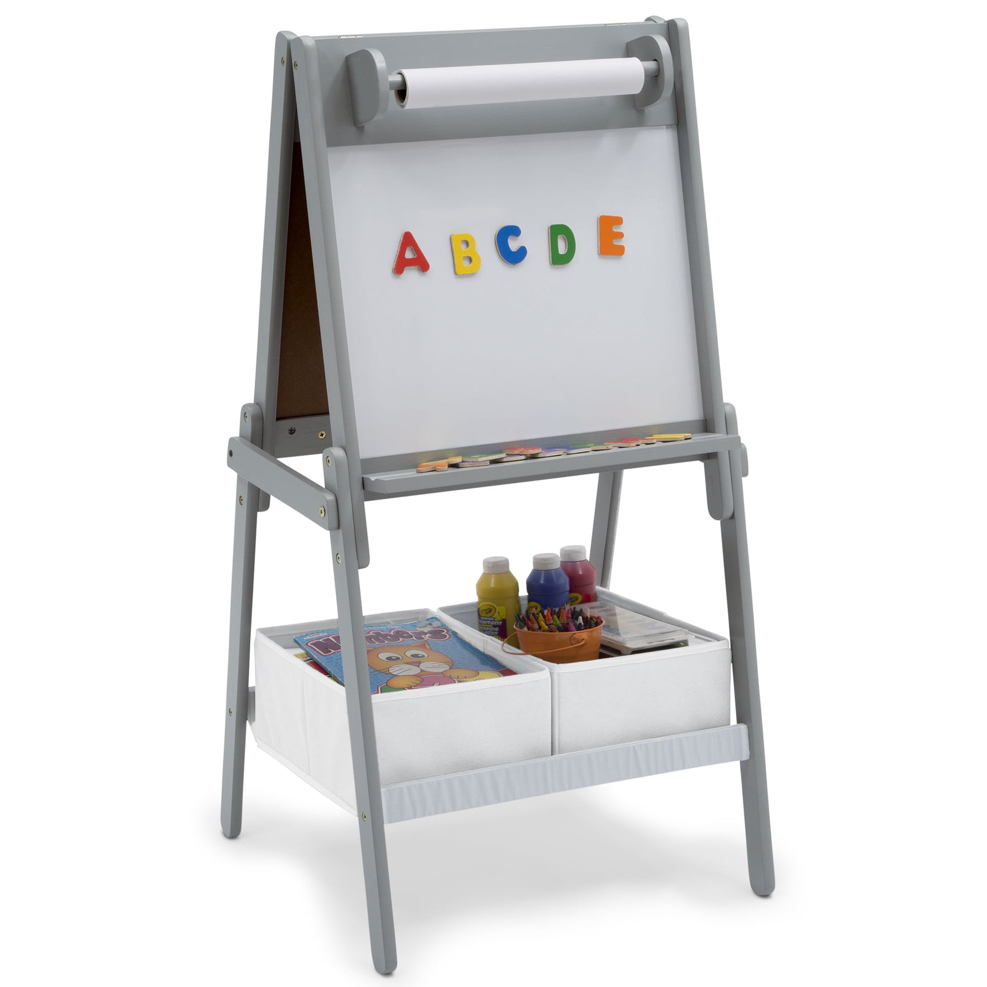 Delta Children Chelsea Double-Sided Storage Easel with Paper Roll and Magnets -Ideal for Arts & Crafts, Drawing and More - Greenguard Gold Certified, Light Grey/White