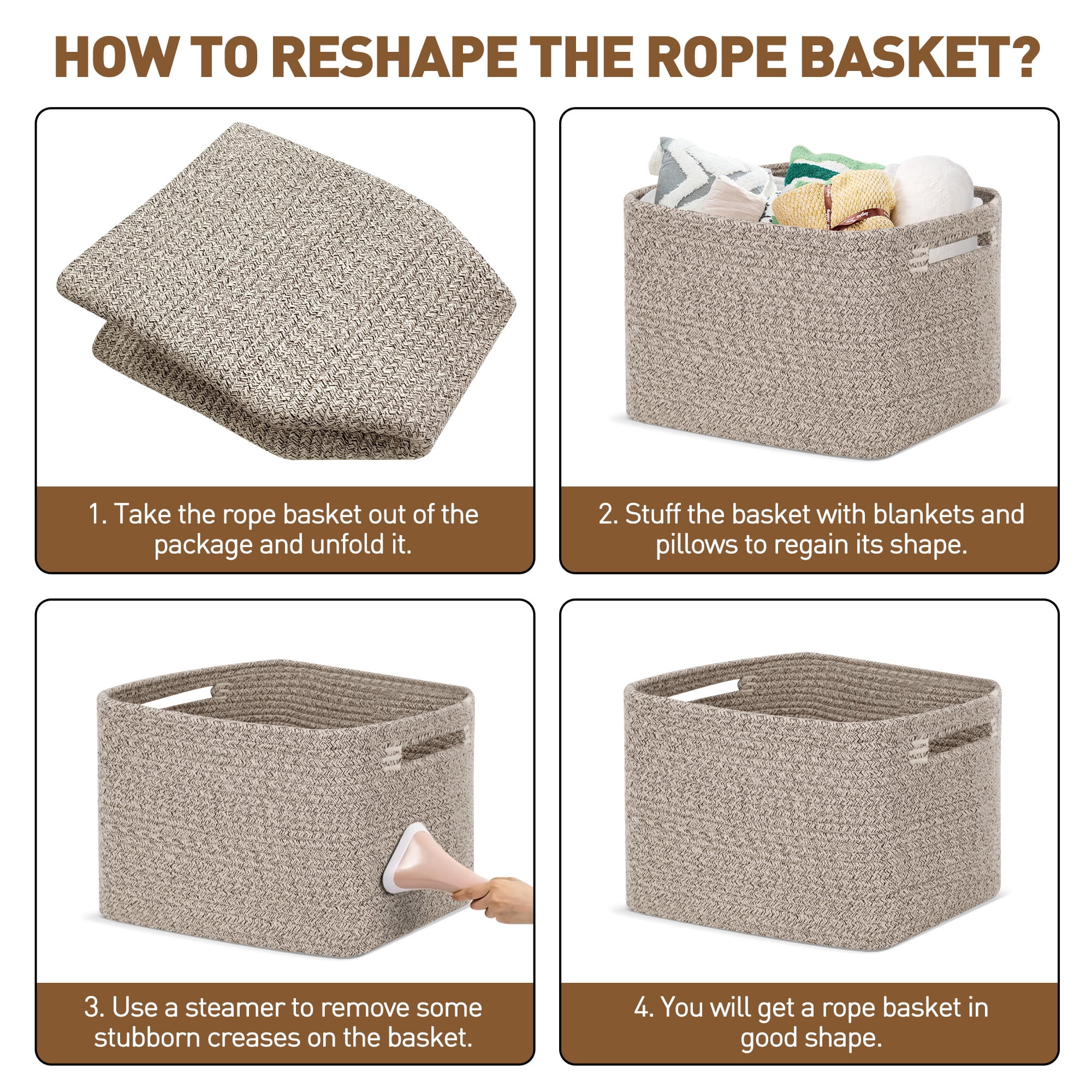 3 Pack Storage Basket, 11"x11"x9" (18L) Rectangle Woven Baskets for Storage, Cotton Rope Basket for toys, Towel Baskets, Closet Organizer Bins Shelves Organizer, Decorative Basket(Brown)
