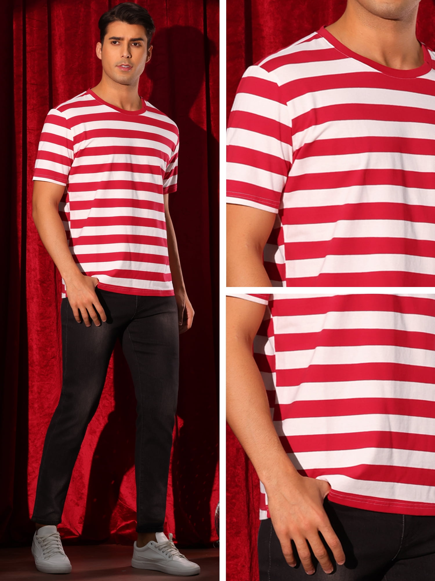 DARING DIVA Men's Striped Short Sleeve Crew Neck Casual Stripes T Shirt XL Red White