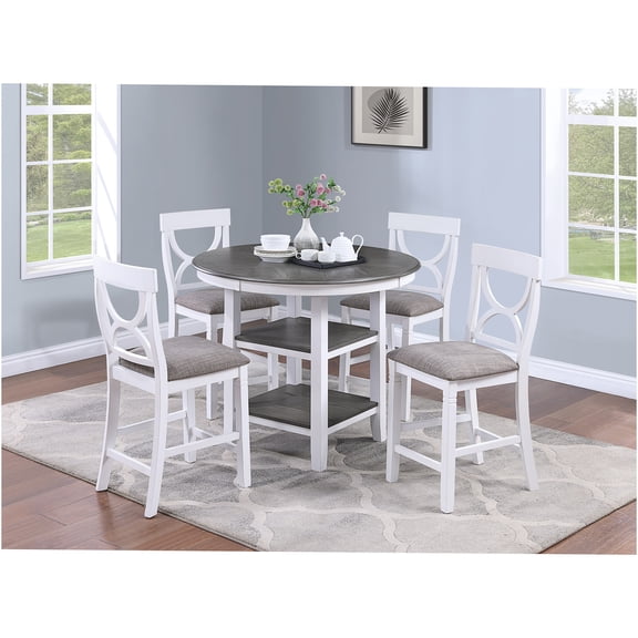 JERFIT 5-Piece Counter Height Dining Table Set with Storage, Round MDF Kitchen Table and 4 Padded Chairs, Antique White and Gray for Small Space