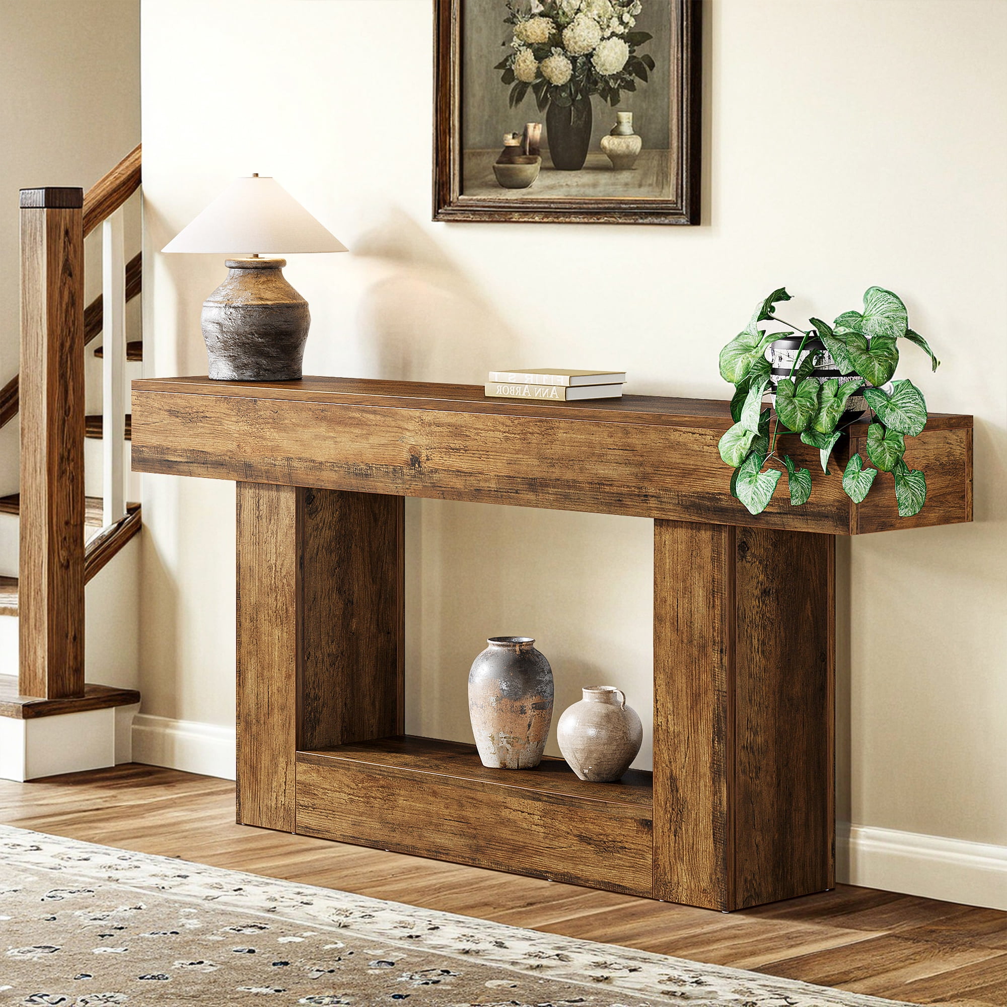 Demi Bonn 63" Wood Console Table, Farmhouse 2-Tier Sofa Table Entryway Table, Foyer Display Table, Brown
