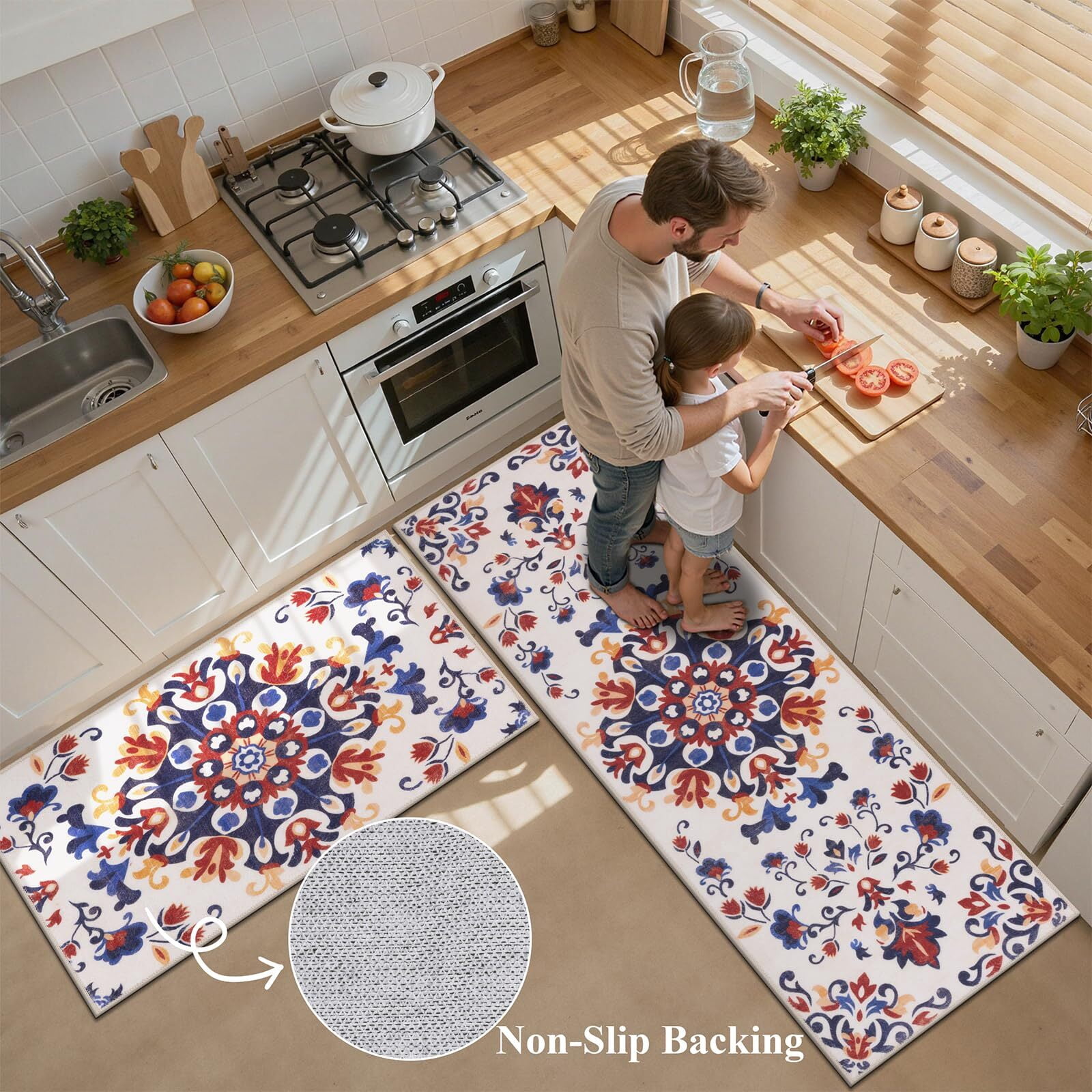 Findosom 3pcs Washable Kitchen Rug Set,Non-Slip Floral Boho Kitchen Mats Kitchen Runner Rug Floor Carpet for Hardwood Floor,Sink,Entryway,Bathroom,Home Decor,20"x32"+20"x48"+20"x59"