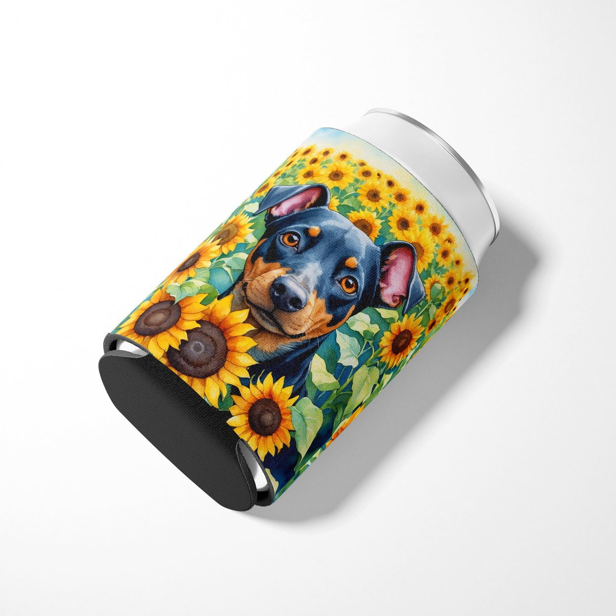 Manchester Terrier in Sunflowers Can or Bottle Hugger 3 in x 5 in