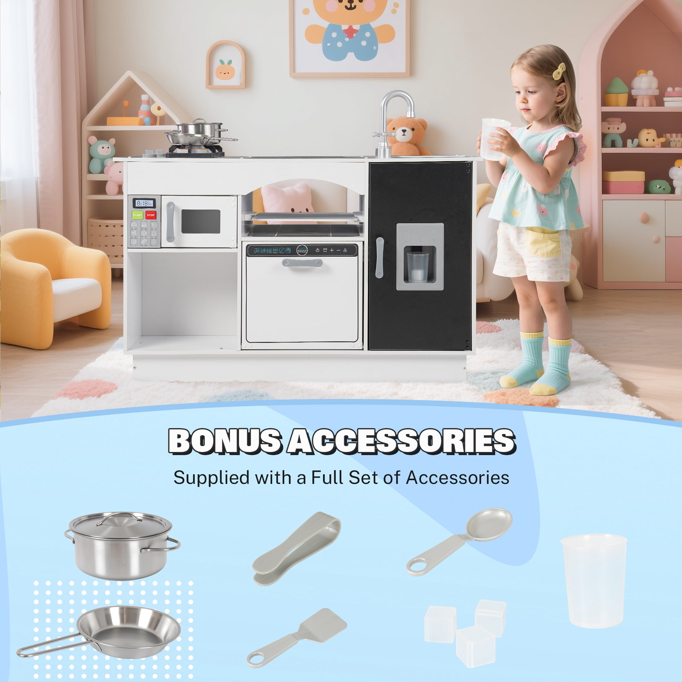 iYofe Play Kitchen Sets for Kids Ages 2+, Wood Kids Kitchen Playset for Toddlers with Real Lights & Sounds, Pretend Play Toys Kitchen with Cookware Accessories, White