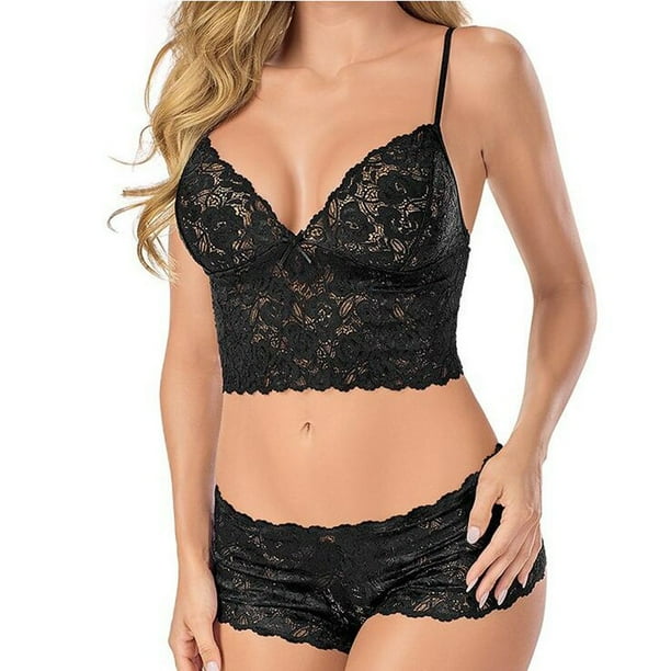 Gibobby Lencería sexy para mujer Mujeres Sexy Malla de Encaje Floral Bordado Liga ligada Lencería Ropa Interior Conjuntos de lencería Sexy(Negro, CH)