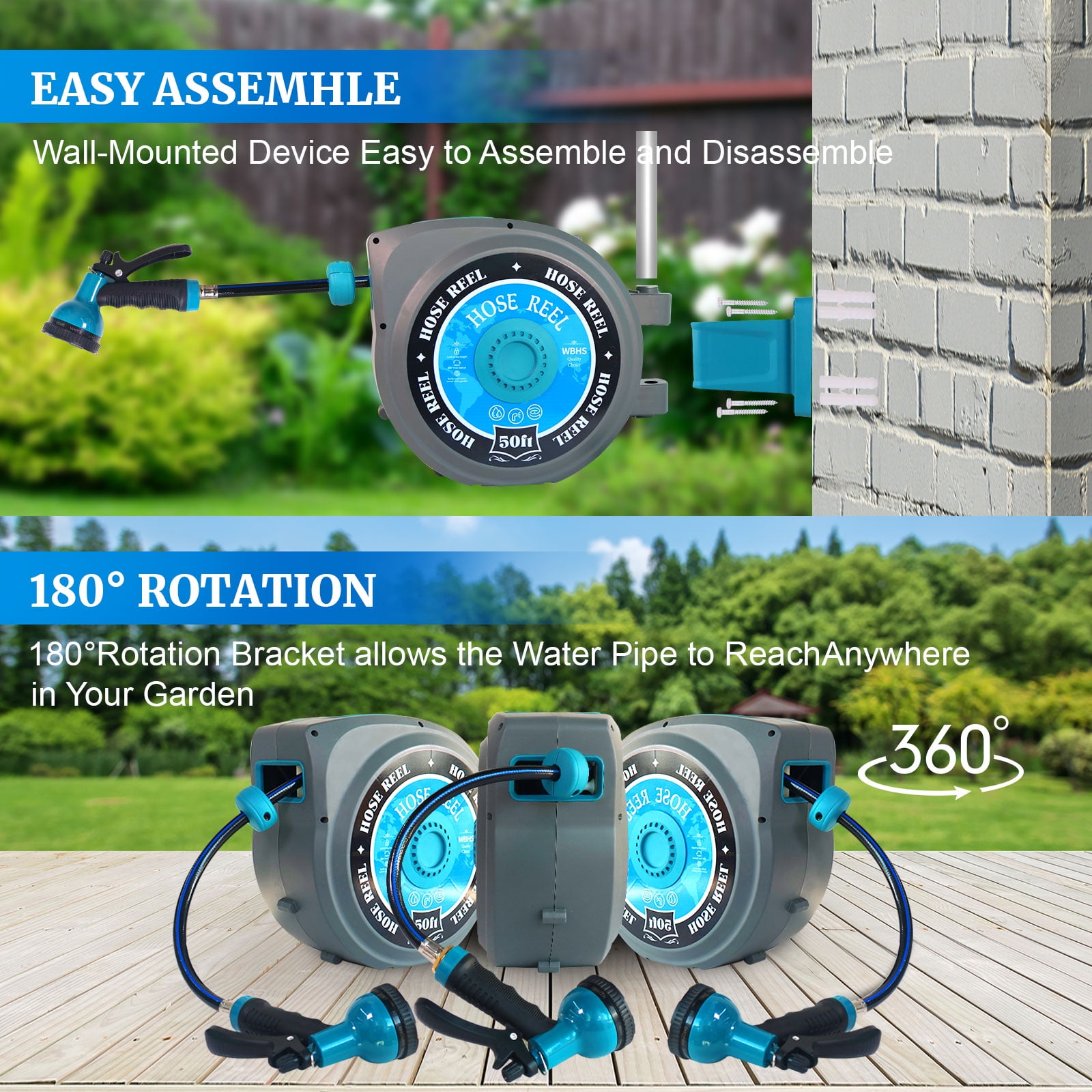 Sunifier Retractable Garden Hose Reel, 50FT, Auto Rewind, Wall Mount, UV Resistant, Brass Fitting, 10-Function Nozzle