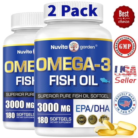 2 Pack 3000mg Omega-3 Fish Oil Supplement (360 Softgels) Heart Health Support with Wild Caught Omega-3 Fatty Acids (Including EPA & DHA)