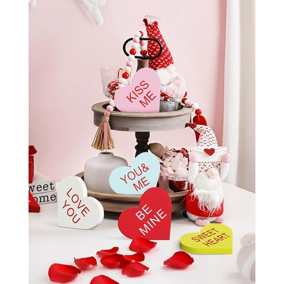 Valentines Day Decor, Double Printed Wooden Conversation Hearts Decor for Valentine Galentines, Romantic Decorations Indoor for Home Office Table Tiered Tray Mantel Shelf
