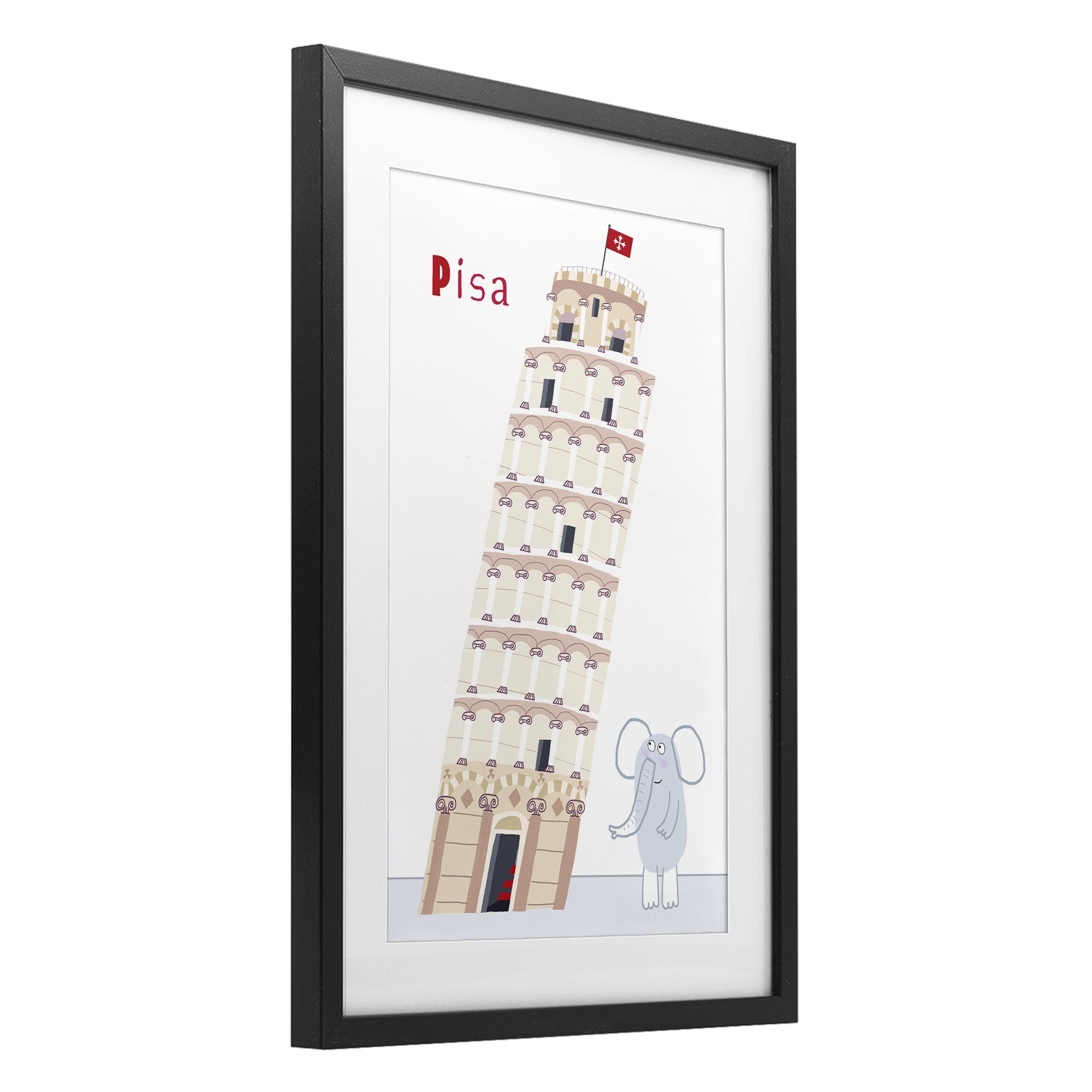 Elephant & Leaning Tower Pisa Black Framed Print Under Glass, design by Carla Daly