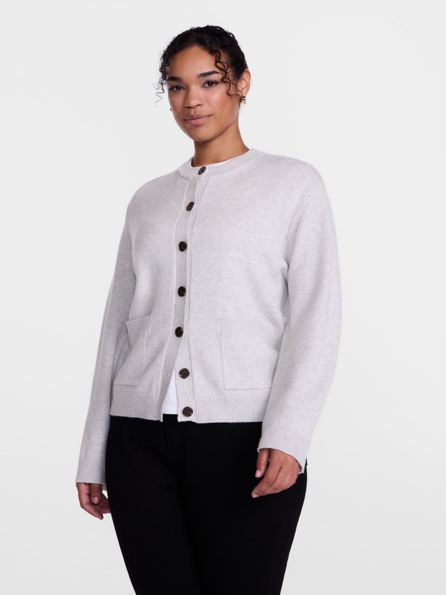Scenario Women's Crewneck Cardigan with Patch Pockets, Lightweight, Sizes XS-XXXL