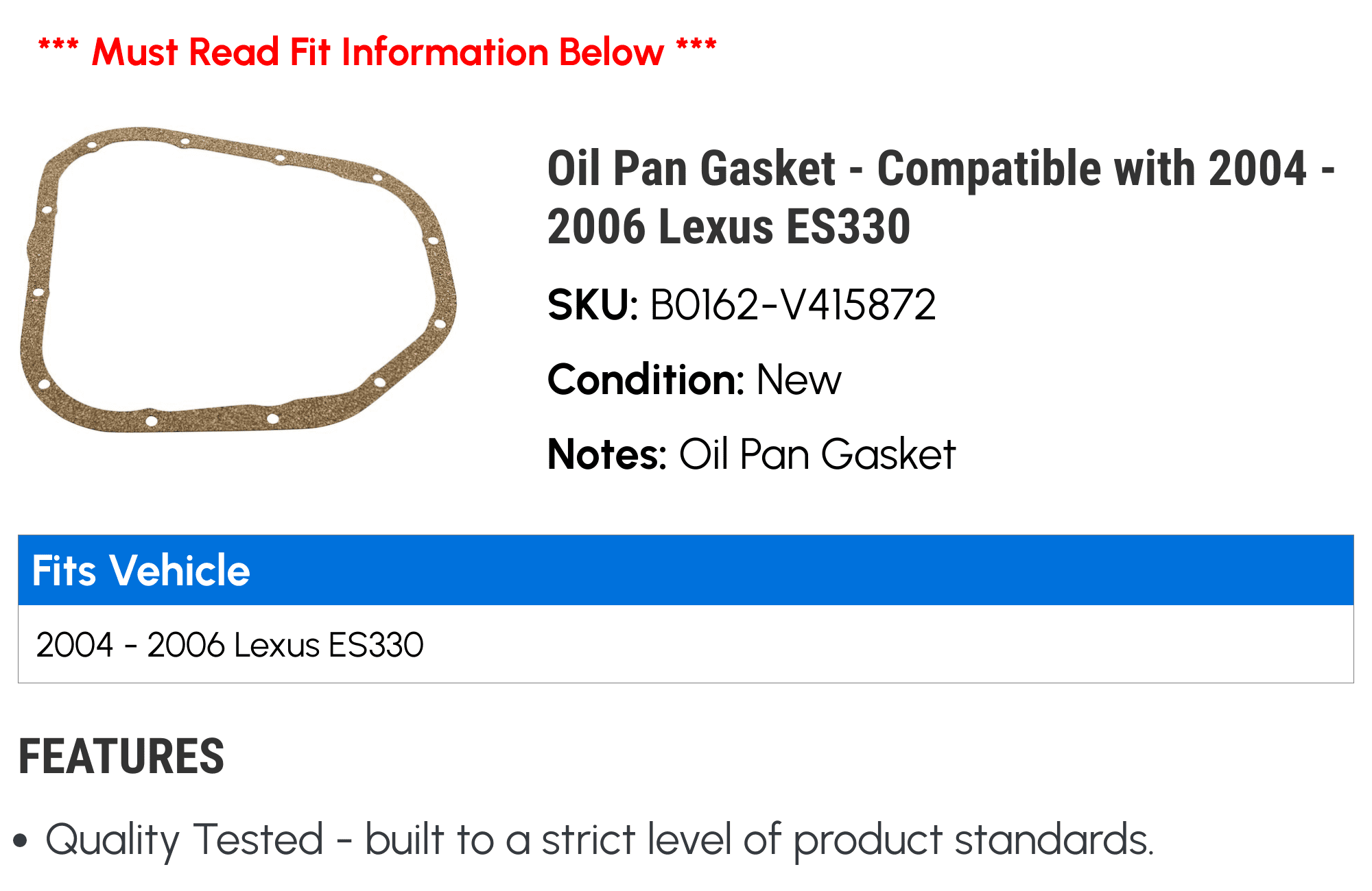 Oil Pan Gasket - Compatible with 2004 - 2006 ES330 2005