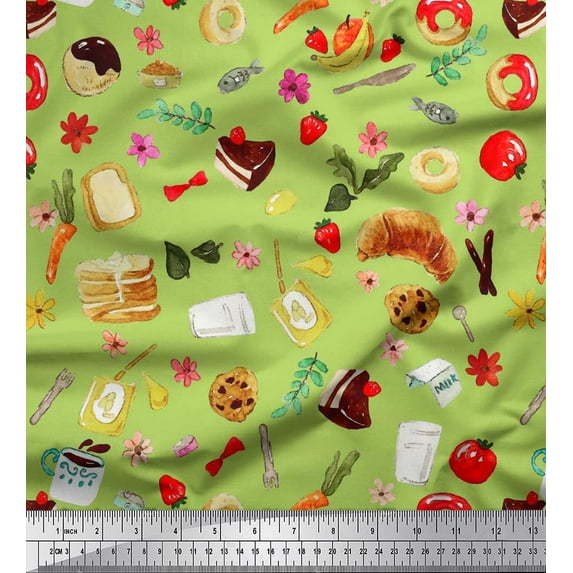 Soimoi Poly Georgette Fabric Fruits,Bread & Donut Food Print Fabric by The Yard 52 Inch Wide