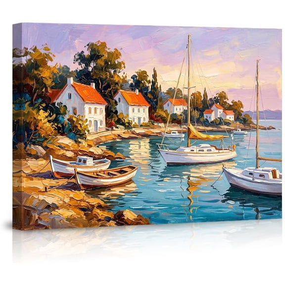 Seascape Canvas Wall Art Sailboat Ocean Landscape Impressionist Oil Painting Coastal Harbor Town Pictures for Living Room Bedroom Office Home Decoration Artwork