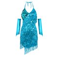 thumbnail image 4 of YONGHS Women's 1920s Flapper Dress Sequin Tassels Halter Backless Latin Dance Costume with Arm Sleeves Lake Blue One Size, 4 of 7
