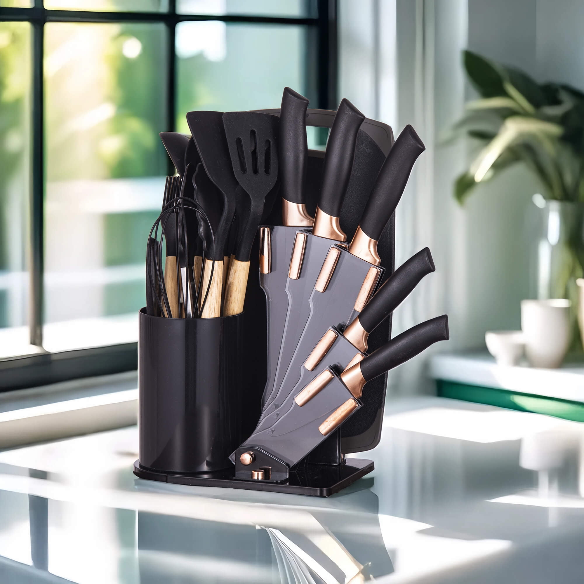 HEESEM 19-Piece Silicone Kitchen Utensil & Knife Set - Heat-Resistant Cooking Tools Non-Stick Safe Gift for Mom or Women Black