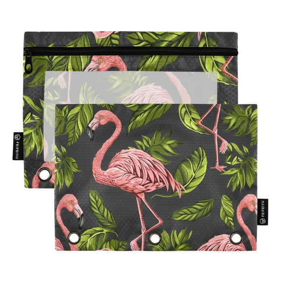 Flamingo Leaves Rose 2 Pack Pencil Pouch for 3 Ring Binder Smooth Zipper Folders with Pockets Clear Window Pencil Case