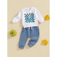 thumbnail image 5 of Baby Toddler Boy Girl Fall Outfits, 0 6 12 18 24 Months 2T 3T Checkerboard Letter Print Long Sleeve Sweatshirt Elastic Waist Pants 2 Piece Clothing Set, 5 of 9