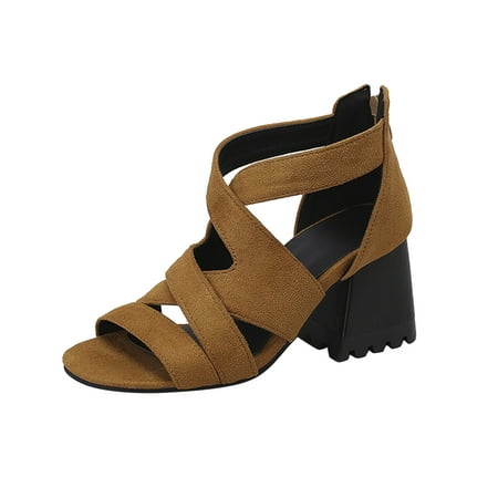 

Sandals Women Ladies Fashion Leather Snakeskin Hollow Open Toe Thick High Heel Back Zipper Roman Sandals