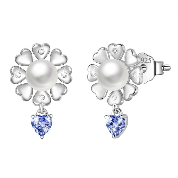 Fasjewly Flower Natural Pearl Earrings,925 Sterling Silver Heart Birthstone Stud Earrings Birthday Anniversary Christmas Jewelry Gifts for Women / Wife / Lovers