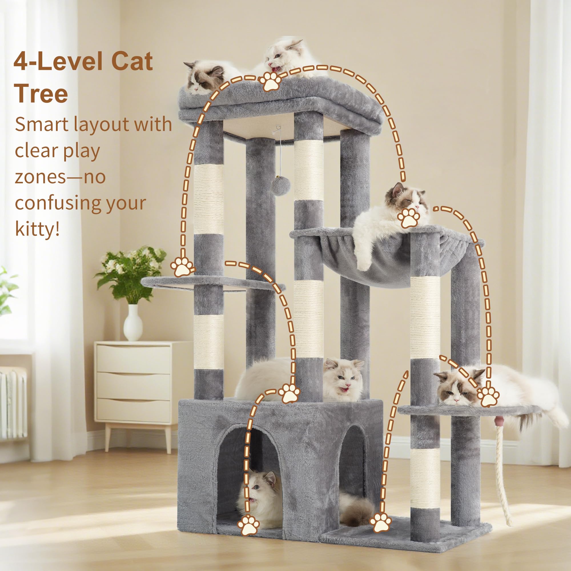 Heavy Duty Cat Tree  Tower For Indoor Cats Large Adult Tall Condo House With Extra-large Baseboard Multi-level Plush Furniture Posts Hammock Balls Light Gray Hct026w