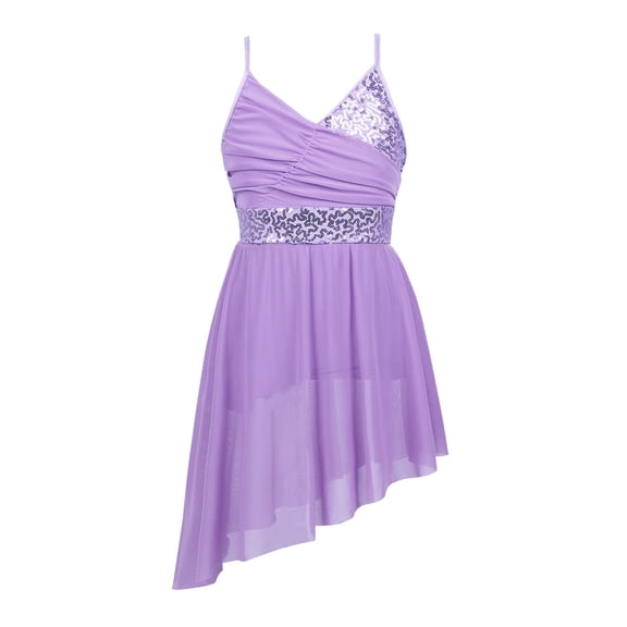 Kaerm Girls Lyrical Dress Spaghetti Straps V-Neck Sequined Irregular Hem Latin Dance Costume Lavender 9-10