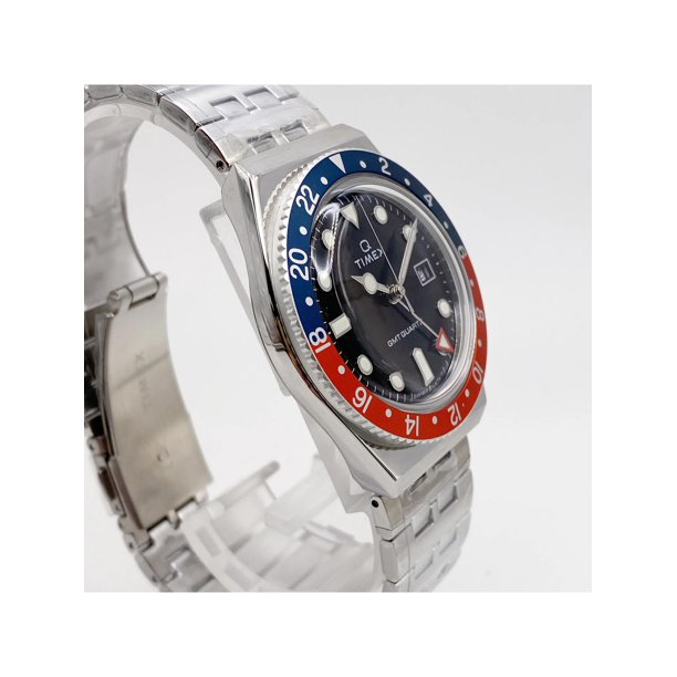 New Timex Q GMT 38mm Stainless Steel Black Dial Men Quartz Watch