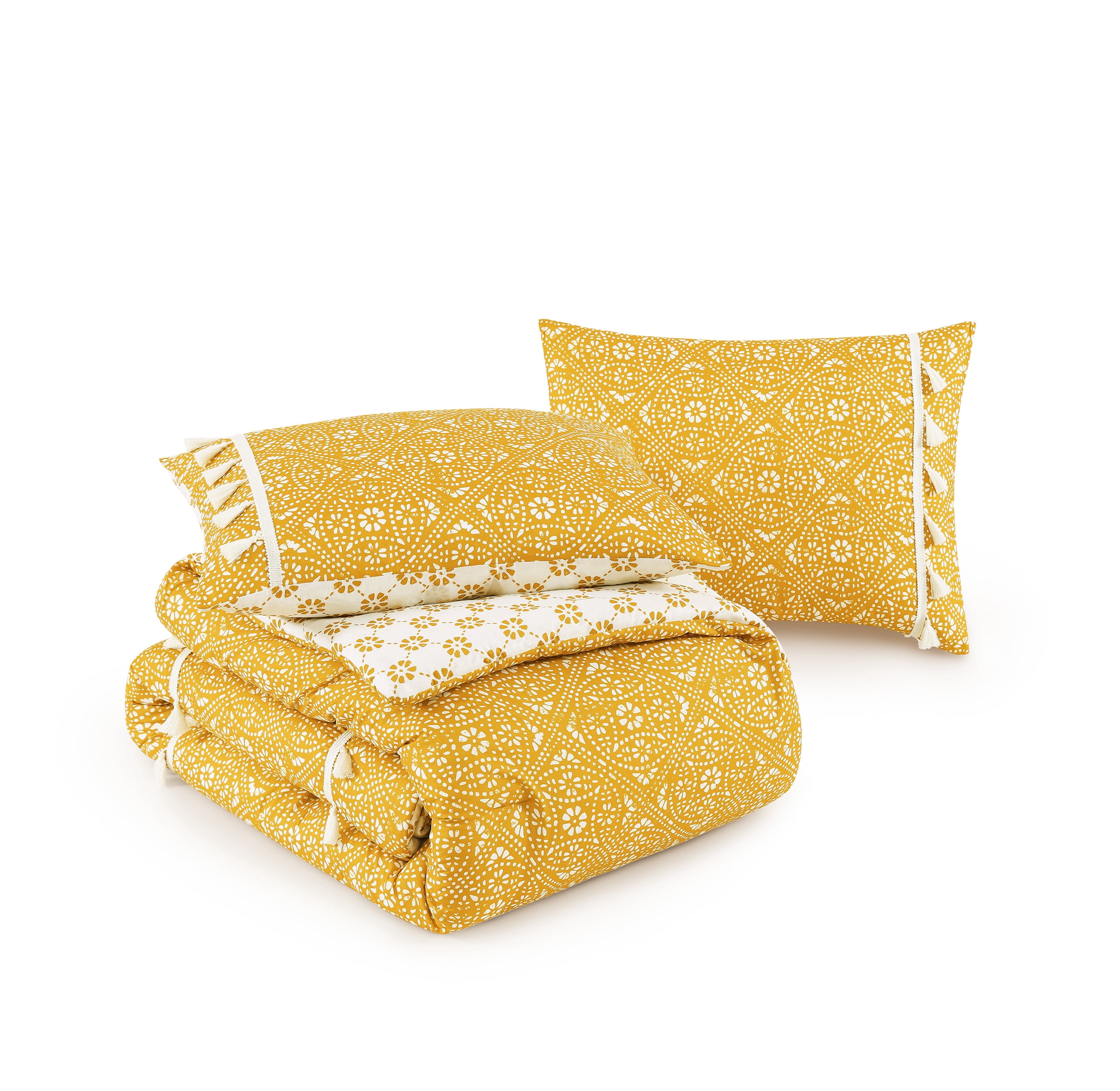 Pasadena Medallion Yellow 3-Piece Microfiber Comforter with Tassels - Full/Queen
