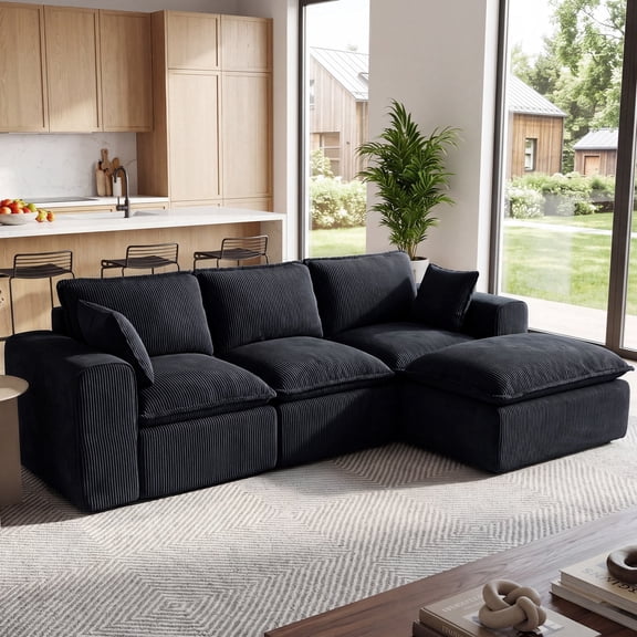 KTENME 111'' Modular Sectional Sofa with Movable Ottoman, L Shaped Cotton Oversized Couch for Living Room, 3-Seat, Black